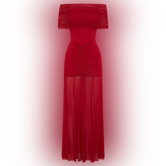 Meshki Caspian Slinky And Mesh Off Shoulder Maxi Dress - Ruby Size M - Picture 8 of 8